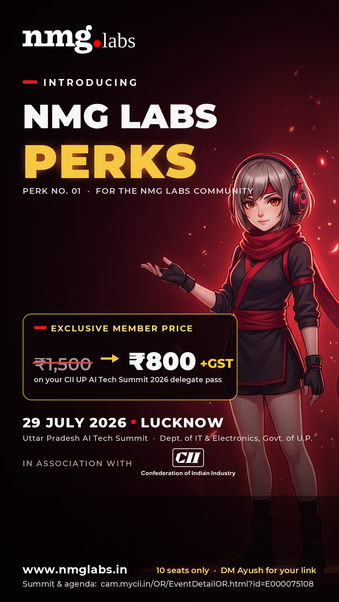 NMG Labs Perks — CII UP AI Tech Summit 2026 · 29 July 2026, Lucknow · member price ₹800 + GST
